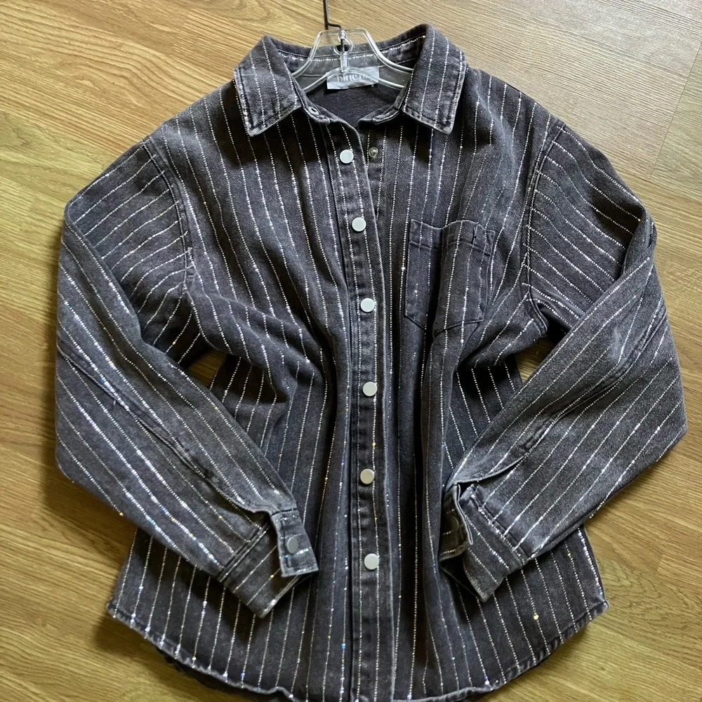 Blue B Western Denim Snap Button Up with Glitzy Detailing - Picture 1 of 7